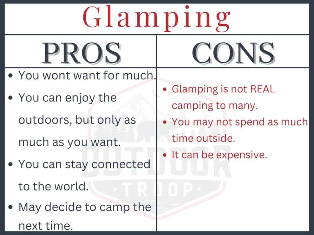 Tabla comparativa de pros y contras del glamping. 