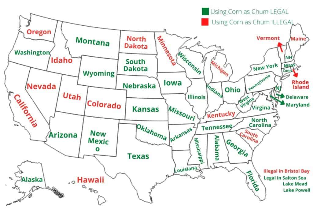 Mapa de los 50 estados de los Estados Unidos con una leyenda que indica dónde es legal e ilegal usar maíz como carnada para pescar. 