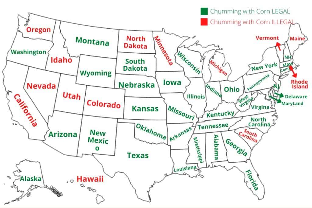 Mapa de los Estados Unidos que muestra en qué estados es legal e ilegal utilizar maíz como cebo