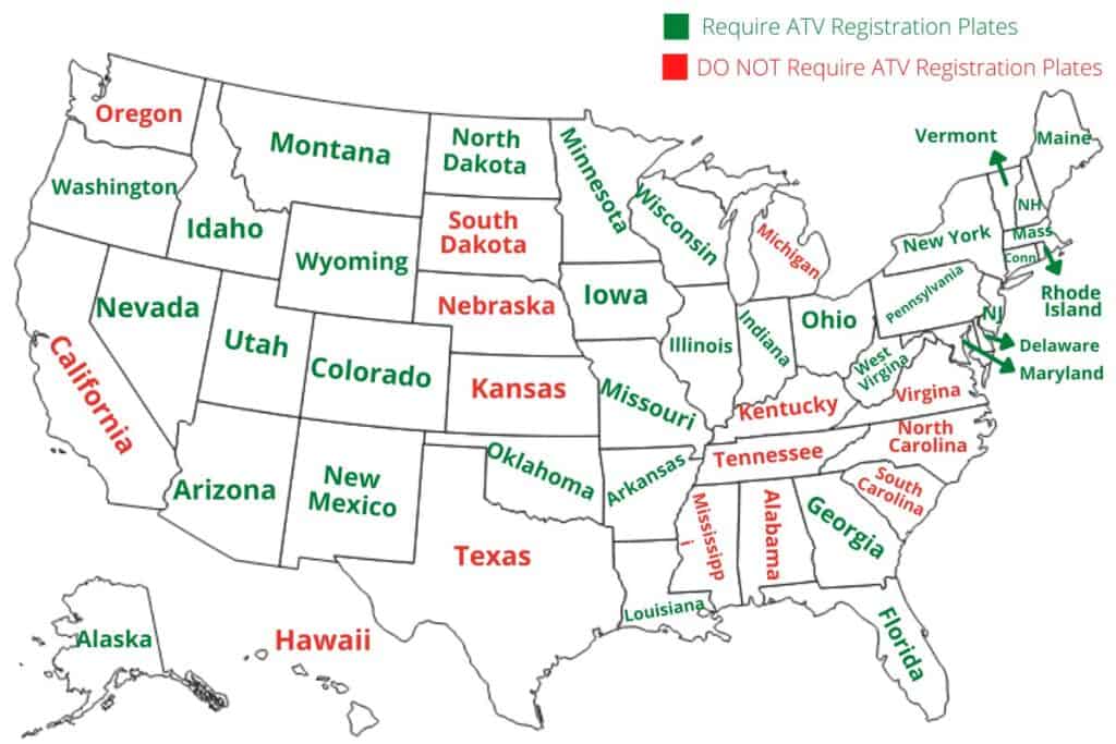 Mapa de los Estados Unidos que muestra qué estados exigen que su vehículo todo terreno tenga placas de matrícula. Los estados que se muestran en rojo exigen placas de matrícula y los estados que se muestran en verde no exigen que su vehículo todo terreno tenga placas de matrícula. 